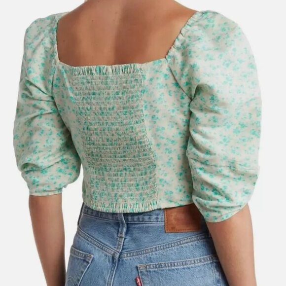 NWOT Levi's Cream And Mint Floral Puff-Sleeve Crop Top S - Picture 2 of 13